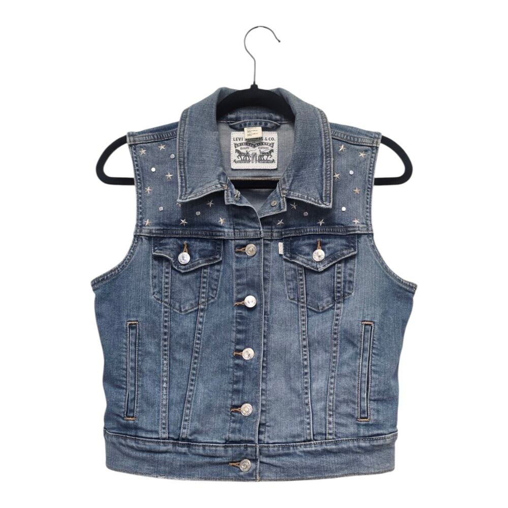 Levi's Denim Vest Star Studded Medium Distressed Trucker Sleeveless Jacket Vest
